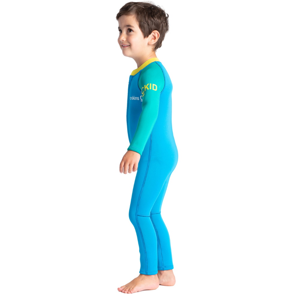 2025 C-Skins Junior C-KID 3/2mm Front Zip Wetsuit C-BA32ST - Cyan / Green / Aurora Yellow